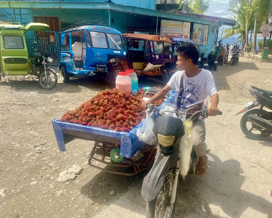 A fruit vendor with a motorbike loaded with rambutan