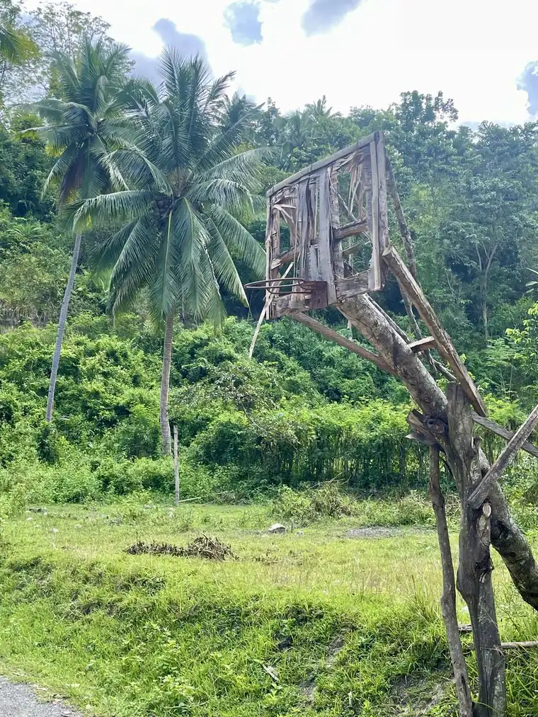 A hand-built wooden basketball hoop